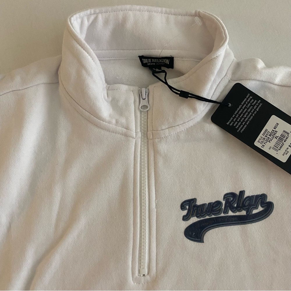 True Religion Jeans 1/4 Zip Fleece Womens XL White Crop Top Length Sweatshirt
